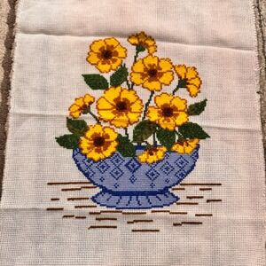 Vintage Handmade Cross Stitch Yellow Flowers in Blue Bowl Needlepoint Art 12x10